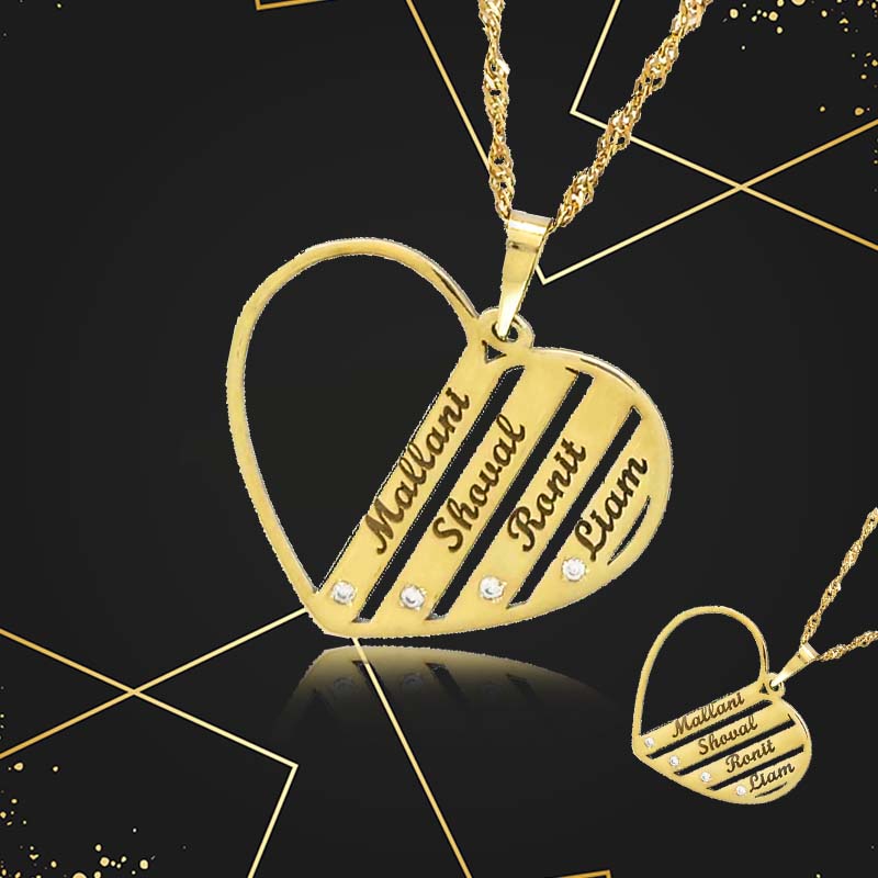 שרשרת שם עם לב וחריטת לייזר - שרשרת זהב 14K בעיצוב אישי רקע שחור