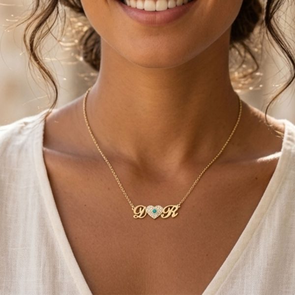 שרשרת אותיות ולב משובץ אבני חן זהב - שרשרת שם ישראל