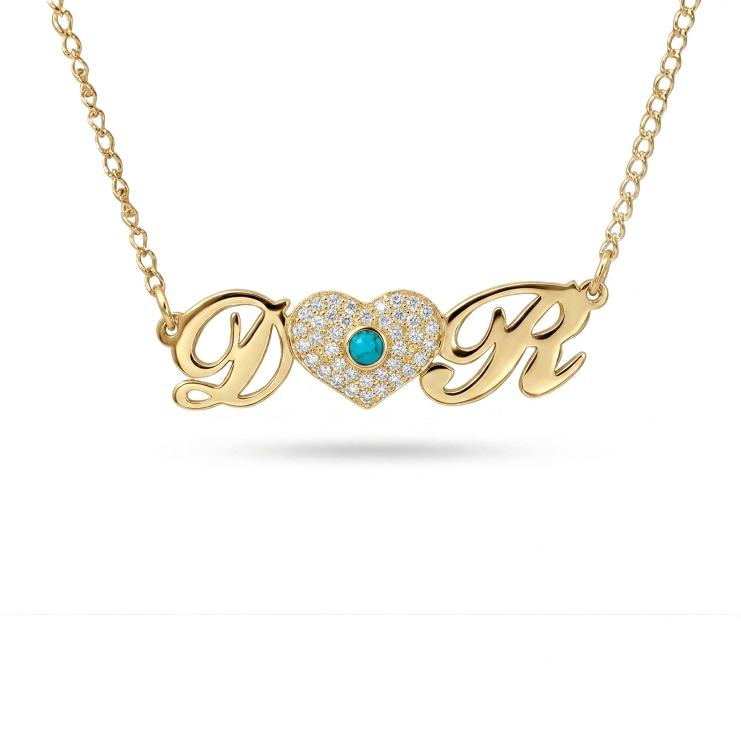 שרשרת אותיות ולב משובץ אבני חן זהב