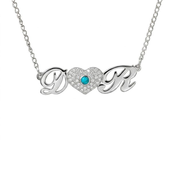 שרשרת אותיות ולב משובץ אבני חן כסף